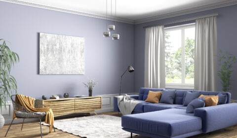 Living Room with Purple Wall Adobe Stock 385243631
